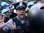 Demonstrators clash with police near the Israeli Consulate during the Democratic National Convention Tuesday, Aug. 20, 2024, in Chicago. (AP Photo/Noah Berger) Demonstrators clash with police near the Israeli Consulate during the Democratic National Convention Tuesday, Aug. 20, 2024, in Chicago. (AP Photo/Noah Berger)