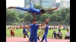 Gurugram, India-August 13, 2024: Students performing aerobic yoga during the full dress rehearsal of 78th Independence Day Parade at Tau Devilal Stadium in sector-38 near Rajiv chowk, in Gurugram, India, on 13 August 2024. (Photo by Parveen Kumar/Hindustan Times) Gurugram, India-August 13, 2024: Students performing aerobic yoga during the full dress rehearsal of 78th Independence Day Parade at Tau Devilal Stadium in sector-38 near Rajiv chowk, in Gurugram, India, on 13 August 2024. (Photo by Parveen Kumar/Hindustan Times)