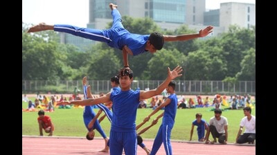 Gurugram, India-August 13, 2024: Students performing aerobic yoga during the full dress rehearsal of 78th Independence Day Parade at Tau Devilal Stadium in sector-38 near Rajiv chowk, in Gurugram, India, on 13 August 2024. (Photo by Parveen Kumar/Hindustan Times) Gurugram, India-August 13, 2024: Students performing aerobic yoga during the full dress rehearsal of 78th Independence Day Parade at Tau Devilal Stadium in sector-38 near Rajiv chowk, in Gurugram, India, on 13 August 2024. (Photo by Parveen Kumar/Hindustan Times)