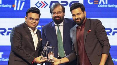 RPG Group chairman Harsh Goenka, BCCI secretary Jay Shah and India captain Rohit Sharma during an award function, in Mumbai. (PTI) RPG Group chairman Harsh Goenka, BCCI secretary Jay Shah and India captain Rohit Sharma during an award function, in Mumbai. (PTI)