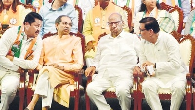 Shiv Sena (UBT) chief Uddhav Thackeray, NCP chief Sharad Pawar and state Congress president Nana Patole of the MVA. Representational Photo. (Bhushan Koyande/HT Photo)
