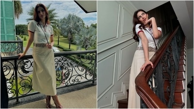 Palak Tiwari serves an elegant sartorial moment in a white Polo tee, which she wore with a beige denim skirt, a broad belt to cinch the waist, tan brown boots, an over-the-body bag, and minimal glam. (Instagram) Palak Tiwari serves an elegant sartorial moment in a white Polo tee, which she wore with a beige denim skirt, a broad belt to cinch the waist, tan brown boots, an over-the-body bag, and minimal glam. (Instagram)