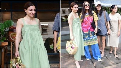 Soha Ali Khan went on a lunch date with her girlfriends. She won our hearts in a sleeveless green midi dress featuring a relaxed fitting and a pleated design on the front. Se styled the ensemble with heels, an embellished jute bag, and a centre-parted low bun. (HT Photo/Varinder Chawla) Soha Ali Khan went on a lunch date with her girlfriends. She won our hearts in a sleeveless green midi dress featuring a relaxed fitting and a pleated design on the front. Se styled the ensemble with heels, an embellished jute bag, and a centre-parted low bun. (HT Photo/Varinder Chawla)