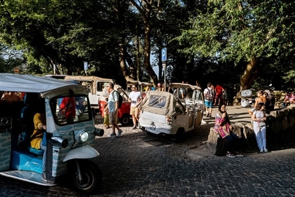 Tuk-tuks drop off and pick up tourists at the gate of the 19th century Pena Palace in Sintra, Portugal. (AP) Tuk-tuks drop off and pick up tourists at the gate of the 19th century Pena Palace in Sintra, Portugal. (AP)
