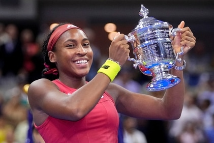 Coco Gauff holds up the championship trophy after defeating Aryna Sabalenka, of Belarus, in the women's singles final of the U.S. Open tennis championships in 2023 (AP) Coco Gauff holds up the championship trophy after defeating Aryna Sabalenka, of Belarus, in the women's singles final of the U.S. Open tennis championships in 2023 (AP)
