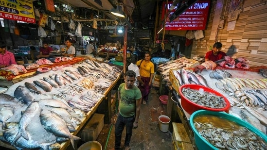 A view of the Fish Market at CR Park in New Delhi, on Wednesday. (Sanchit Khanna/HT Photo)