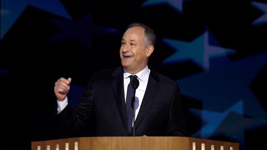 Second Gentleman Doug Emhoff speaks on stage during the second day of the Democratic National Convention at the United Center in Chicago, Illinois, on Tuesday. (AFP)