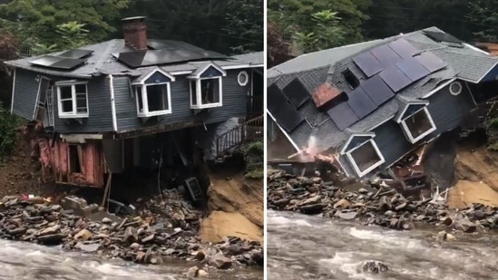 Connecticut house collapses and is thrown into river by deadly storm in horrific video (@BrittanyTVNews/X via Chris Hofmann)