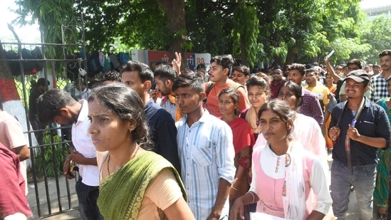 Candidates coming out of exam centre at Patna, Bihar after appearing for Bihar Police Constable exam. (Santosh Kumar )