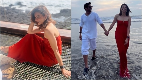 Kriti Kharbanda dazzles in a romantic red maxi dress while enjoying a beach holiday with Pulkit Samrat. The ensemble features a strapless neckline with a lit, ruched bust and a figure-skimming silhouette.&nbsp;(Instagram)