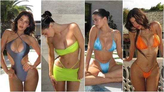 Kylie Jenner promoted her brand Khy by dropping pictures of herself dressed in sultry swimsuits. The beauty mogul wore a metallic grey cut-out one-piece featuring a halter neckline. Kylie also wore a neon green bandeau bikini top and paired it with a micro-mini skirt and ruched bikini bottoms. She donned metallic blue and orange ruched bikini sets in the last two photos.&nbsp;(Instagram)