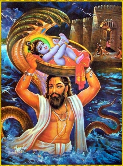 Vasudev carried Lord Krishna to Vrindavan.