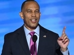 US House Minority Leader Hakeem Jeffries, Democrat from New York, speaks on the third day of the Democratic National Convention (DNC) at the United Center in Chicago, Illinois, on August 21, 2024. US House Minority Leader Hakeem Jeffries, Democrat from New York, speaks on the third day of the Democratic National Convention (DNC) at the United Center in Chicago, Illinois, on August 21, 2024.