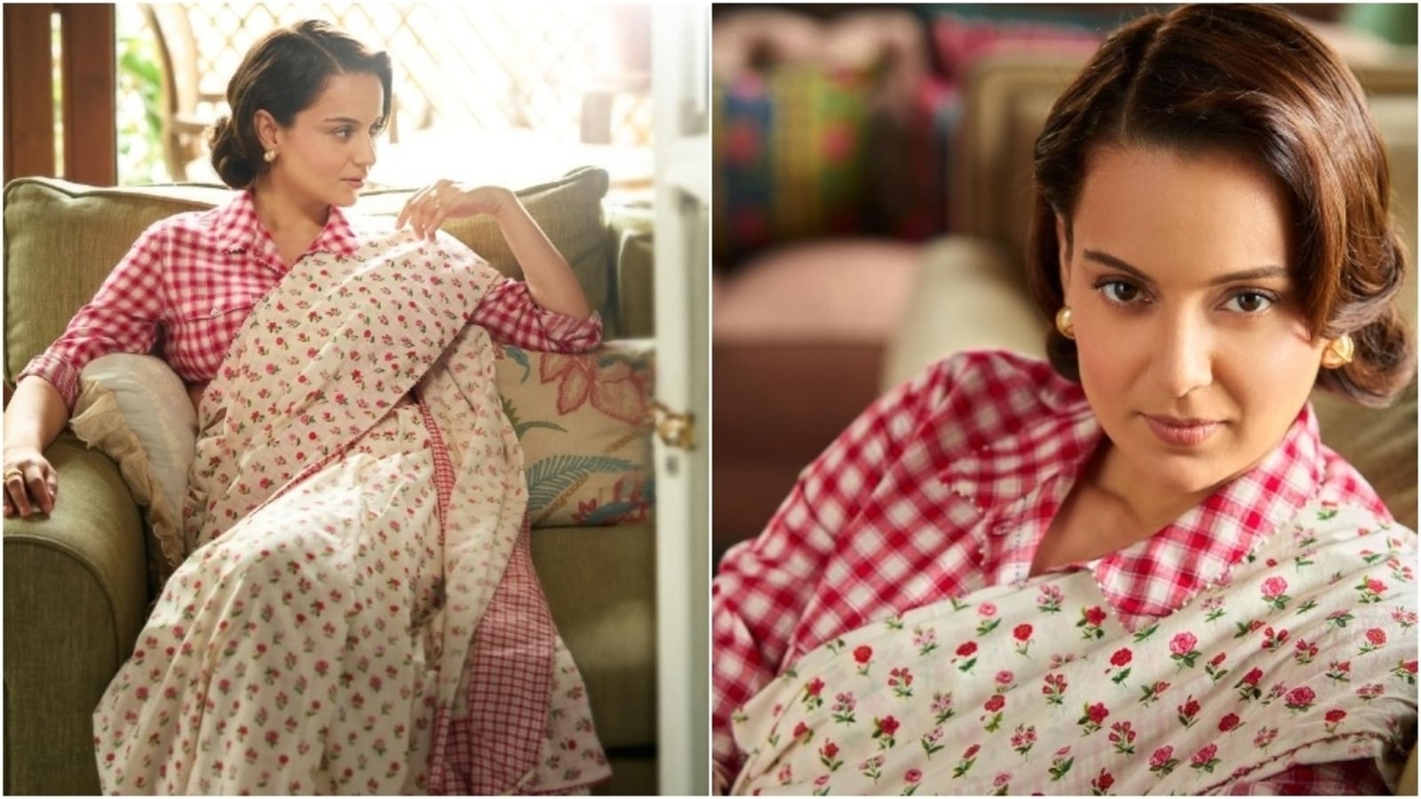 Kangana Ranaut embraces retro charm in floral saree and checkered blouse for Emergency promotions. Pics