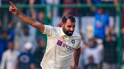 Indian bowler Mohammed Shami celebrates the wicket of Australian batter Matthew Kuhnemann during 2023 series (PTI)