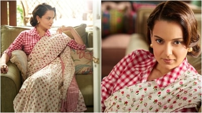 Kangana Ranaut promotes Emergency in a retro saree and blouse look. (Instagram ) Kangana Ranaut promotes Emergency in a retro saree and blouse look. (Instagram )