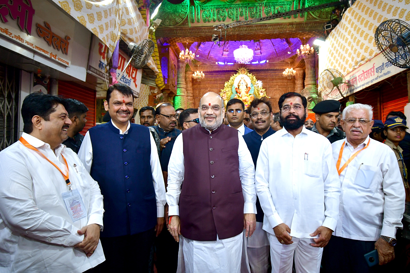 Mumbai, Sep 05 (ANI): Union Home Minister Amit Shah poses for a picture with Maharashtra Chief Minister Eknath Shinde, State Deputy Chief Minister Devendra Fadnavis and others at Lalbaugcha Raja Pandal during the Ganesh Chaturthi festival celebrations, in Mumbai on Monday. (ANI Photo)