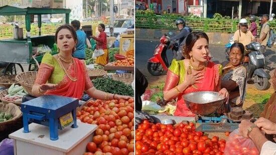 ಕೆಂಪು ಹಸಿರು ವರ್ಣದ ಲಂಗ ದಾವಣಿ ಧರಿಸಿ ಕೊತ್ತಂಬರಿ, ಟೊಮೇಟೊ ಮಾರಾಟ ಮಾಡಿ, ‘ಕಾಸಿನ ಸರ’ ಸಿನಿಮಾ ಪ್ರಚಾರ ಮಾಡಿದ್ದಾರೆ. &nbsp;