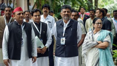 Bengaluru, July 18 (ANI): West Bengal Chief Minister Mamata Banerjee, Samajwadi Party (SP) chief Akhilesh Yadav and party Secretary General Ram Gopal Yadav welcomed by Karnataka Deputy CM DK Shivakumar on their arrival to attend the second day of the joint Opposition meeting, in Bengaluru on Tuesday. (ANI Photo/Shrikant Singh)