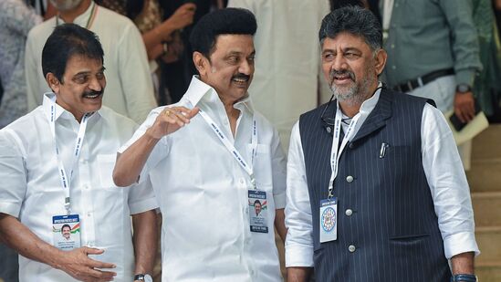 Bengaluru, July 18 (ANI): Tamil Nadu Chief Minister MK Stalin and Karnataka Deputy CM DK Shivakumar in conversation as they arrive to attend the second day of the joint Opposition meeting, as Congress General Secretary in-charge (Organisation) KC Venugopal looks on, in Bengaluru on Tuesday. (ANI Photo/Shrikant Singh)