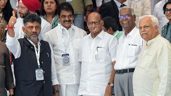 Bengaluru, July 18 (ANI): Nationalist Congress Party (NCP) chief Sharad Pawar and Communist Party of India (CPI) General Secretary D Raja welcomed by Karnataka Deputy Chief Minister DK Shivakumar on their arrival to attend the second day of the joint Opposition meeting, in Bengaluru on Tuesday. Congress General Secretary in-charge (Organisation) KC Venugopal is also seen. (ANI Photo/Shrikant Singh)