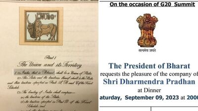 ಇಂಡಿಯಾ ದ್ಯಾಟ್ ಈಸ್ ಭಾರತ್ ಎಂಬ ಉಲ್ಲೇಖವಿರುವ ಸಂವಿಧಾನದ ಪುಟ, ರಾಷ್ಟ್ರಪತಿಯವ ಆಹ್ವಾನ ಪತ್ರಿಕೆಯಲ್ಲಿ ಪ್ರೆಸಿಡೆಂಟ್ ಆಫ್ ಭಾರತ್ ಎಂಬ ಉಲ್ಲೇಖ. ಇಂಡಿಯಾ ದ್ಯಾಟ್ ಈಸ್ ಭಾರತ್ ಎಂಬ ಉಲ್ಲೇಖವಿರುವ ಸಂವಿಧಾನದ ಪುಟ, ರಾಷ್ಟ್ರಪತಿಯವ ಆಹ್ವಾನ ಪತ್ರಿಕೆಯಲ್ಲಿ ಪ್ರೆಸಿಡೆಂಟ್ ಆಫ್ ಭಾರತ್ ಎಂಬ ಉಲ್ಲೇಖ.