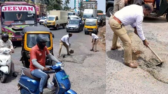 ರಸ್ತೆ ಗುಂಡಿ ನೋಡಿ ಬೇಸರಗೊಂಡ ಪೊಲೀಸರು ತಾವೇ ಹಾರೆ, ಗುದ್ದಲಿ ಹಿಡಿದು ಮುಚ್ಚಿದರು