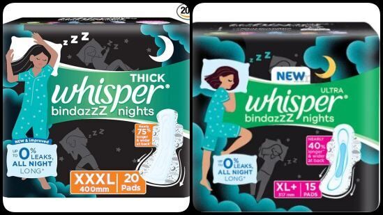 Whisper Bindazzz Night Sanitary Pads: ಮುಟ್ಟಿನ ವೇಳೆ ಹೆಚ್ಚು ರಕ್ತಸ್ರಾವವಾಗುವವರು ರಾತ್ರಿ ಮಲಗುವಾಗ ವಿಸ್ಪರ್ ಬಿಂದಾಝ್​ ನೈಟ್ ಸ್ಯಾನಿಟರಿ ಪ್ಯಾಡ್‌ ಬಳಸುವುದು ಉತ್ತಮ. ಇದು XXXL ಅಳತೆಯವರೆಗೂ ಈ ಪ್ಯಾಡ್​ ಲಭ್ಯವಿದೆ. ಇದು ದದ್ದುಗಳು ಆಗುವುದನ್ನು ಮತ್ತು ದುರ್ವಾಸನೆ ಬರುವುದನ್ನು ತಡೆಯುತ್ತದೆ.&nbsp;