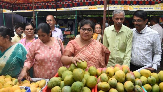 ಮೈಸೂರು ಮಾವು ಮೇಳಕ್ಕೆ ಆಗಮಿಸಿದ ಜಿಲ್ಲಾ ಪಂಚಾಯಿತಿ ಕಾರ್ಯನಿರ್ವಾಹಕ ಅಧಿಕಾರಿ ಕೆ.ಎಂ.ಗಾಯತ್ರಿ ಅವರು ಮಳಿಗೆಗಳಿಗೆ ಭೇಟಿ ನೀಡಿ ಹಣ್ಣುಗಳನ್ನು ಖರೀದಿಸಿದರು.