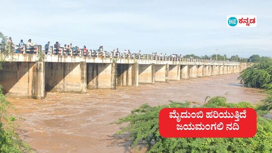 ಮೈದುಂಬಿ ಹರಿಯತ್ತಿರುವ ಜಯಮಂಗಲಿ ನದಿಯ ದೃಶ್ಯ ವೈಭವವನ್ನು ಕಣ್ತುಂಬಿಕೊಳ್ಳಲು ಸೇತುವೆ ಮೇಲೆ ನಿಂತ ಜನ. 