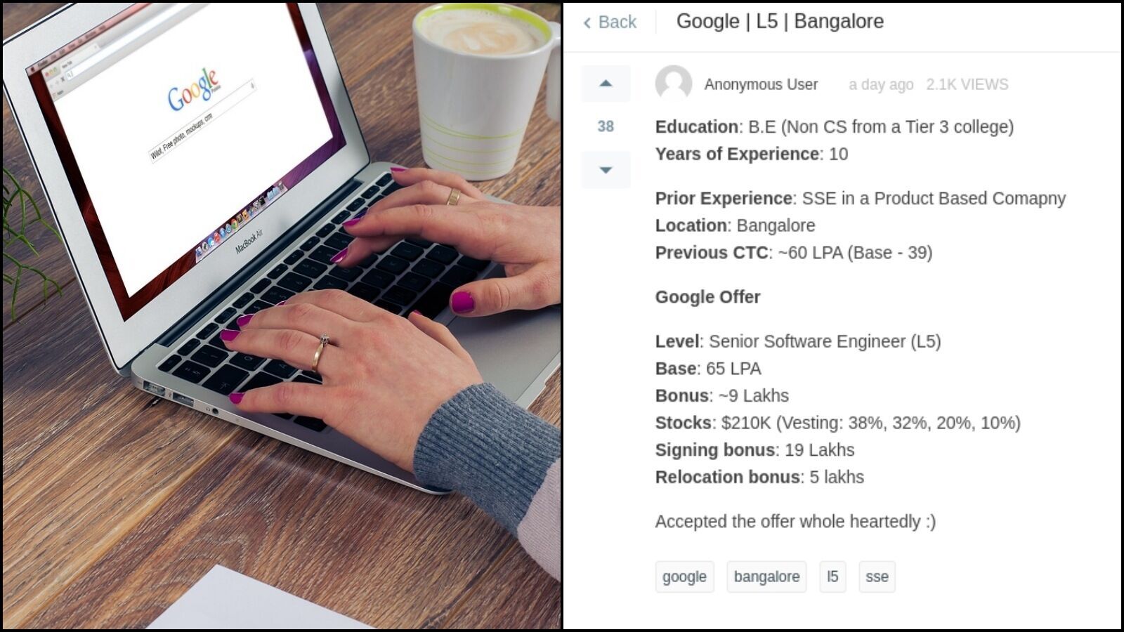 ಬೆಂಗಳೂರಿನ ಟೆಕ್ಕಿಯ ಜಾಬ್ ಆಫರ್ ನೋಡಿ ನೆಟ್ಟಿಗರಿಗೆ ಅಚ್ಚರಿ; 65 ಲಕ್ಷದ ಜೊತೆಗೆ 28 ಲಕ್ಷ ಬೋನಸ್, ಇನ್ನೇನಿದೆ ನೋಡಿ