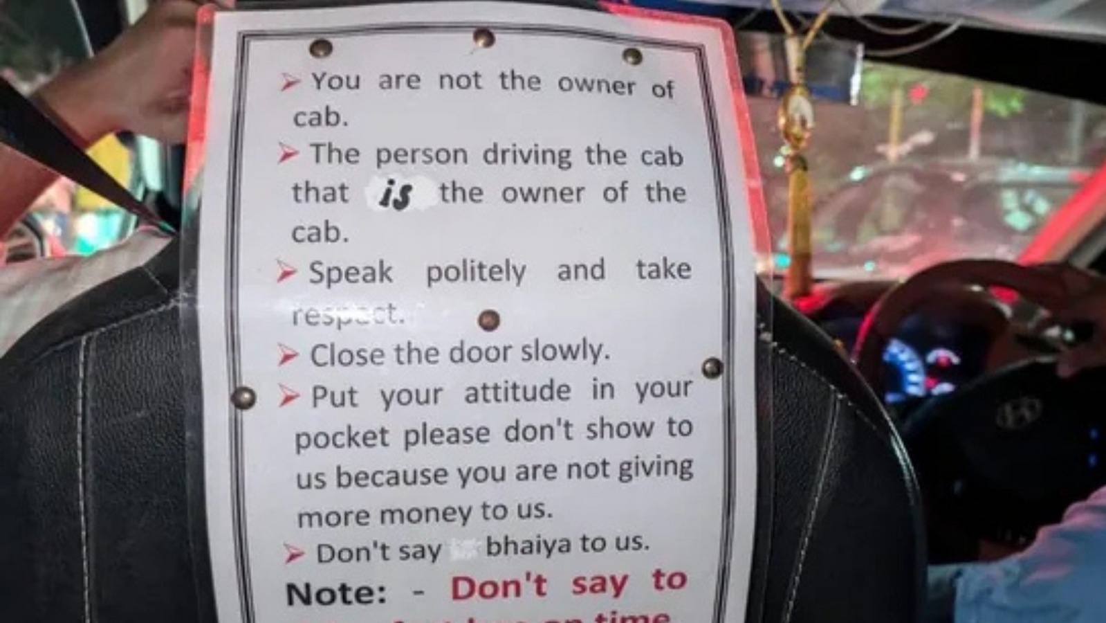 ಭಯ್ಯಾ ಅನ್ನಬೇಡಿ, ಡೋರ್‌ ಮೆಲ್ಲಗೆ ಹಾಕಿ; ಕ್ಯಾಬ್‌ ಏರುವ ಪ್ರಯಾಣಿಕರಿಗೆ 6 ನಿಯಮ ಹೇರಿದ ಟ್ಯಾಕ್ಸಿ ಚಾಲಕ, ಬಿಸಿಬಿಸಿ ಚರ್ಚೆಗೆ ನಾಂದಿ