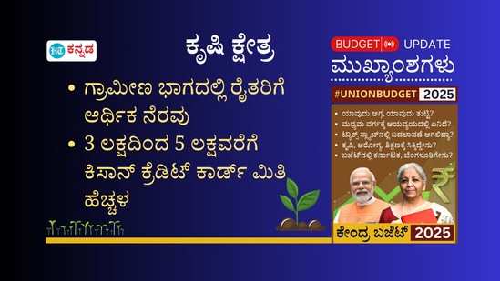 ಗ್ರಾಮೀಣ ಭಾಗದ ರೈತರಿಗೆ ಆರ್ಥಿಕ ನೆರವು ನೀಡುವ ಉದ್ದೇಶದಿಂದ ಕಿಸಾನ್ ಕ್ರೆಡಿಟ್ ಕಾರ್ಡ್ ಮಿತಿ ಹೆಚ್ಚಳ ಮಾಡಲಾಗಿದೆ. 3 ಲಕ್ಷದಿಂದ 5ಲಕ್ಷಕ್ಕೆ ಮಿತಿಯನ್ನು ಹೆಚ್ಚಿಸಲಾಗದೆ. ಗ್ರಾಮೀಣ ಭಾಗದ ರೈತರಿಗೆ ಆರ್ಥಿಕ ನೆರವು ನೀಡುವ ಉದ್ದೇಶದಿಂದ ಕಿಸಾನ್ ಕ್ರೆಡಿಟ್ ಕಾರ್ಡ್ ಮಿತಿ ಹೆಚ್ಚಳ ಮಾಡಲಾಗಿದೆ. 3 ಲಕ್ಷದಿಂದ 5ಲಕ್ಷಕ್ಕೆ ಮಿತಿಯನ್ನು ಹೆಚ್ಚಿಸಲಾಗದೆ. 