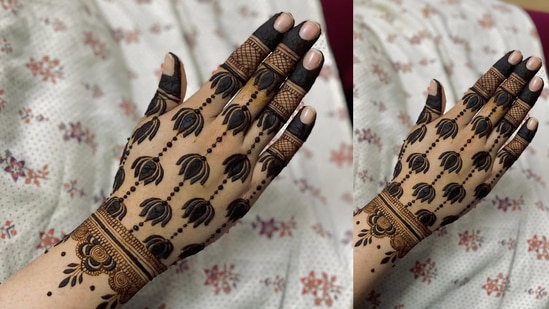 ಆಭರಣ ಮಾದರಿ ಮೆಹಂದಿಇತ್ತೀಚಿನ ದಿನಗಳಲ್ಲಿ ಆಭರಣ ಮಾದರಿಯ ಮೆಹಂದಿ ಸಾಕಷ್ಟು ಟ್ರೆಂಡ್‌ನಲ್ಲಿದೆ. ಇದಕ್ಕೆ ಬಳೆಯಂತೆ ಕಾಣುವಂತೆ&nbsp; ವಿನ್ಯಾಸ ಮಾಡಲಾಗಿದೆ.