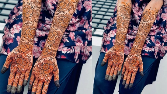 ವಧುವಿನ&nbsp;ಶೈಲಿಯ ಮೆಹಂದಿನಿಮ್ಮ ಮದುವೆ ಸಮಾರಂಭದಲ್ಲಿ ಅಥವಾ ನಿಮಗೆ ಹತ್ತಿರದ ಸಂಬಂಧಿಕರು ಆತ್ಮೀಯ ಸ್ನೇಹಿತೆಯ ಮದುವೆಗೆ ಮೆಹಂದಿ ಹಚ್ಚಲು ನೀವು ಬಯಸಿದರೆ, ಈ ವಿನ್ಯಾಸವನ್ನು ಹಚ್ಚಬಹುದು. ಹೂವಿನ ಗೊಂಚಲುಗಳಂತಿರುವ ಈ ವಿನ್ಯಾಸವು ತುಂಬಾ ಸುಂದರವಾಗಿ ಕಾಣುತ್ತವೆ.