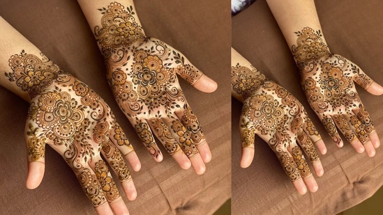 ಹೂವುಗಳಿಂದ ಅಲಂಕರಿಸಲ್ಪಟ್ಟಂತಿರುವ ವಿನ್ಯಾಸನೀವು ಹೂವುಗಳಿಂದ ಅಲಂಕರಿಸಲ್ಪಟ್ಟ ವಿನ್ಯಾಸವನ್ನು ಇಷ್ಟಪಟ್ಟರೆ ಈ ಡಿಸೈನ್ ಅನ್ನು ಆರಿಸಿಕೊಳ್ಳಬಹುದು. ಇದನ್ನು ರಚಿಸಿದಾಗ ತುಂಬಾ ಸುಂದರವಾಗಿ ಕಾಣುತ್ತದೆ. ಈ ವಿನ್ಯಾಸದ ಮೆಹಂದಿ ಕೂಡ ಟ್ರೆಂಡ್‌ನಲ್ಲಿದೆ.