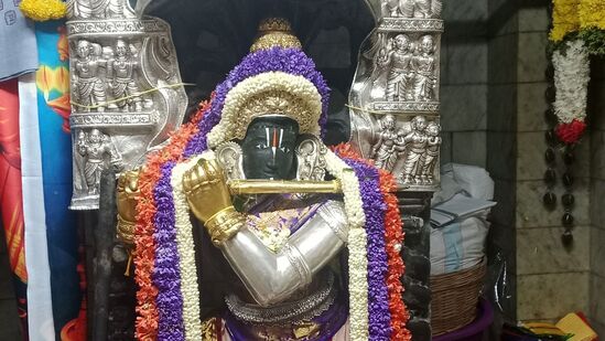 ಗರ್ಭಗೃಹವು ಮರದ ಕೆಳಗೆ ಕೊಳಲನ್ನು ಹಿಡಿದಿರುವ ಕೃಷ್ಣನ ವಿಗ್ರಹವನ್ನು ಹೊಂದಿದೆ. ಶ್ರೀಕೃಷ್ಣನ ವಿಗ್ರಹವು 6 ಅಡಿ ಎತ್ತರವಿದ್ದು, ವಿಗ್ರಹವನ್ನು ಪರಿಪೂರ್ಣವಾಗಿ ಕೆತ್ತಲಾಗಿದೆ ಮತ್ತು ಎಡ ಹೆಬ್ಬೆರಳು ಬಲಗಾಲಿನಲ್ಲಿ ಇರಿಸಿ ನೃತ್ಯ ಮಾಡುವ ಭಂಗಿಯಿದೆ. ಸರಳವಾದರೂ ಭವ್ಯವಾದ ವಿಗ್ರಹದ ಹಿಂದಿರುವ ಪ್ರಭಾವಲಿ / ಫಲಕವು ಮರದ ಕೆತ್ತನೆಗಳನ್ನು ಹೊಂದಿದೆ ಗರ್ಭಗೃಹವು ಮರದ ಕೆಳಗೆ ಕೊಳಲನ್ನು ಹಿಡಿದಿರುವ ಕೃಷ್ಣನ ವಿಗ್ರಹವನ್ನು ಹೊಂದಿದೆ. ಶ್ರೀಕೃಷ್ಣನ ವಿಗ್ರಹವು 6 ಅಡಿ ಎತ್ತರವಿದ್ದು, ವಿಗ್ರಹವನ್ನು ಪರಿಪೂರ್ಣವಾಗಿ ಕೆತ್ತಲಾಗಿದೆ ಮತ್ತು ಎಡ ಹೆಬ್ಬೆರಳು ಬಲಗಾಲಿನಲ್ಲಿ ಇರಿಸಿ ನೃತ್ಯ ಮಾಡುವ ಭಂಗಿಯಿದೆ. ಸರಳವಾದರೂ ಭವ್ಯವಾದ ವಿಗ್ರಹದ ಹಿಂದಿರುವ ಪ್ರಭಾವಲಿ / ಫಲಕವು ಮರದ ಕೆತ್ತನೆಗಳನ್ನು ಹೊಂದಿದೆ