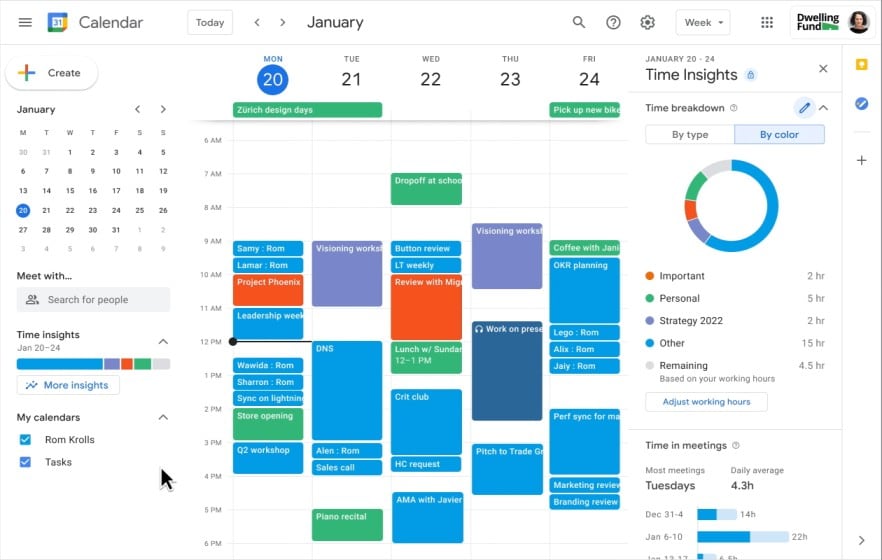 तुम्ही तुमचा वेळ कसा घालवत आहात हे समजून घेण्यासाठी Google Calendar च्या रंग वर्गीकरण वैशिष्ट्याचा अधिक चांगला वापर करा. एखाद्या इव्हेंटला फक्त कलर लेबल नाव द्या आणि टाईम इनसाइट्स तुम्हाला तुम्ही किती वेळ घालवता, सांगा, स्ट्रॅटेजी किंवा स्टाफ मीटिंगमध्ये किती वेळ घालवता याची कल्पना देईल. तुम्ही एखाद्या गोष्टीत जास्त वेळ घालवत असाल तर तुम्हाला कळेल.