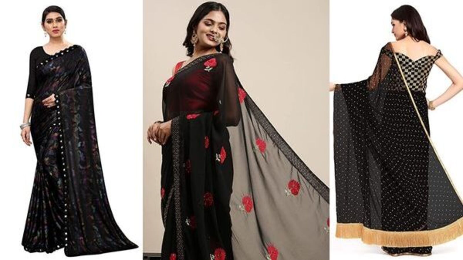 Buy Black Threadwork Georgette Saree - Koskii