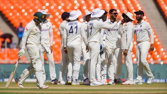 Ahmedabad: Indian team members celebrate the wicket of Usman Khawaja (L) during the 2nd day of the fourth test cricket match between India and Australia, at Narendra Modi stadium in Ahmedabad, Friday, March 10, 2023. (PTI Photo/Atul Yadav)(PTI03_10_2023_000139B)