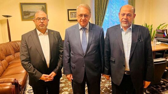 Senior Hamas officials Bassem Naim and Moussa Abu Marzouk, and Russia's Deputy Foreign Minister Mikhail Bogdanov meet for talks on the release of foreign hostages in Moscow (Russia)