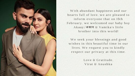 आता विराट कोहली आणि अनुष्का शर्मा या दोघांनी स्वतःहून त्यांच्या दुसऱ्या मुलाच्या आगमनाची घोषणा केली आहे. या जोडप्याने त्यांच्या पोस्टमध्ये लिहिले आहे, की 'अत्यंत आनंदाने आणि प्रेमाने, आम्ही तुम्हाला आनंदाची बातमी देत ​​आहोत. १५ फेब्रुवारी रोजी आमच्या घरी एक मुलगा आणि वामिकाचा धाकटा भाऊ अकाय (Akaay) याचा जन्म झाला. या काळात आम्हाला तुमचे आशीर्वाद आणि शुभेच्छा हव्या आहेत. सोबतच आम्हाला प्रायव्हसी देण्याची मागणीही करत आहोत."