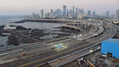 A view of the Mumbai Coastal Road project, which will be inaugurated on March 11, from Haji Ali, Mahalaxami. 