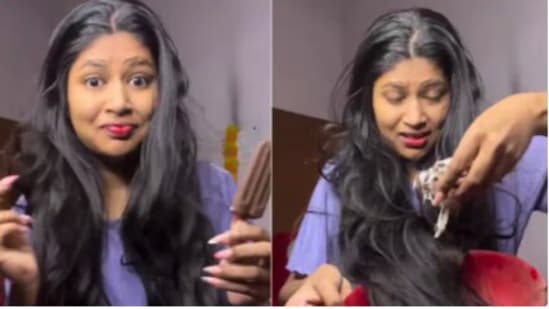 चॉकलेट ice cream ने महिलेने रंगवले केस