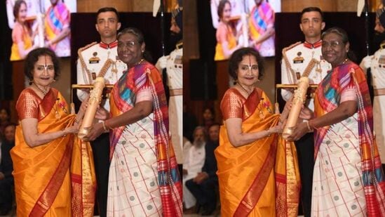 राष्ट्रपती द्रौपदी मुर्मू यांनी ज्येष्ठ अभिनेत्री वैजयंतीमाला बाली यांना दिल्लीतील राष्ट्रपती भवनात नागरी नियुक्ती समारंभात पद्मविभूषण देऊन सन्मानित केले. या कार्यक्रमाला पीएम मोदी, केंद्रीय गृहमंत्री अमित शहा आणि वरिष्ठ नेते उपस्थित होते. वैजयंतीमाला, भारतीय चित्रपटसृष्टीतील उत्कृष्ट अभिनेत्रींपैकी एक आहेत. त्यांनी १९५०-६०च्या दशकात भारतीय पडद्यावर राज्य केले. ‘देवदास’, ‘नया दौर’, ‘आशा’, ‘साधना’, ‘गंगा जमुना’ यांसारख्या चित्रपटांमध्ये त्यांनी उत्कृष्ट अभिनय दाखवला. <p>राष्ट्रपती द्रौपदी मुर्मू यांनी ज्येष्ठ अभिनेत्री वैजयंतीमाला बाली यांना दिल्लीतील राष्ट्रपती भवनात नागरी नियुक्ती समारंभात पद्मविभूषण देऊन सन्मानित केले. या कार्यक्रमाला पीएम मोदी, केंद्रीय गृहमंत्री अमित शहा आणि वरिष्ठ नेते उपस्थित होते. वैजयंतीमाला, भारतीय चित्रपटसृष्टीतील उत्कृष्ट अभिनेत्रींपैकी एक आहेत. त्यांनी १९५०-६०च्या दशकात भारतीय पडद्यावर राज्य केले. ‘देवदास’, ‘नया दौर’, ‘आशा’, ‘साधना’, ‘गंगा जमुना’ यांसारख्या चित्रपटांमध्ये त्यांनी उत्कृष्ट अभिनय दाखवला.</p>