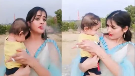 कडेवर बाळ घेऊन महिला दुसऱ्या हाताने ओढू लागली सिगरेट