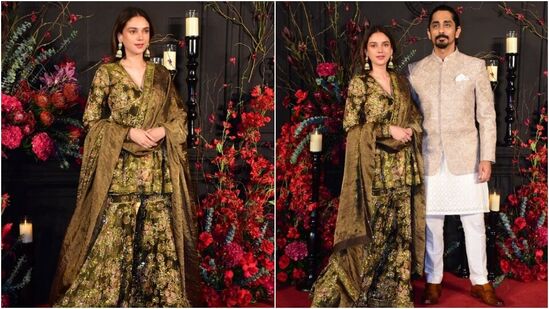 सोनाक्षी आणि झहीरच्या लग्नाच्या रिसेप्शनला अदिती राव हैदरी आणि सिद्धार्थही उपस्थित होते. अदितीने सुंदर गुलाब्या फुलांचा अनारकली ड्रेस परिधान केला आहे. तर सिद्धार्थने भरत काम असलेला बंदगळा जॅकेट घातले आहे.