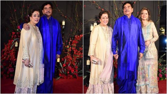 सोनाक्षीचे वडील शस्त्रूघ्न सिन्हा यांनी निळ्या रंगाचा कुर्ता, धोती पँट आणि त्यावर मॅचिंग शॉल घेतली आहे. सोनाक्षीची आई पूनम यांनी मोती कलरचा सिल्क ड्रेस घातला आहे.&nbsp;