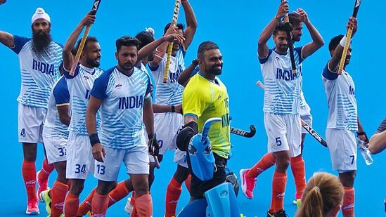 Paris, Aug 04 (ANI): India's Goalkeeper PR Sreejesh, Harmanpreet Singh and other teammates celebrate after winning the men’s quarterfinal hockey match against Great Britain, in the Paris Olympic 2024, at Yves Du Manoir Stadium in Paris on Sunday. India defeats Great Britain 4-2 in the shootout. (ANI Photo/Team India - X)