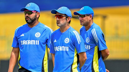 India's captain Rohit Sharma, head coach Gautam Gambhir (C) and chief selector Ajit Agarkar (R) look on during a practice session at the R. Premadasa International Cricket Stadium in Colombo on August 6, 2024, on the eve of third and final one-day international (ODI) cricket match between Sri Lanka and India. (Photo by Ishara S. KODIKARA / AFP)
